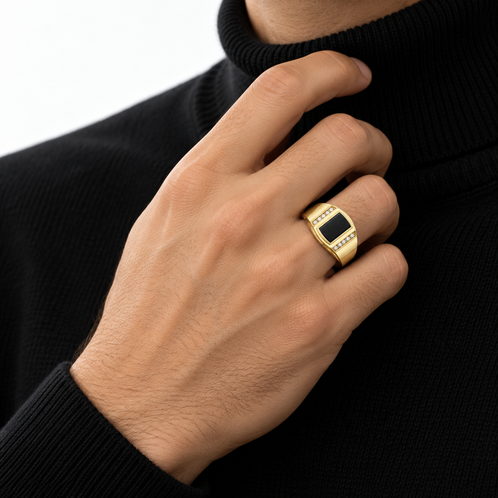 Rectangular Black Panel Yellow Gold-Tone Signet Ring with Round Stone Accents