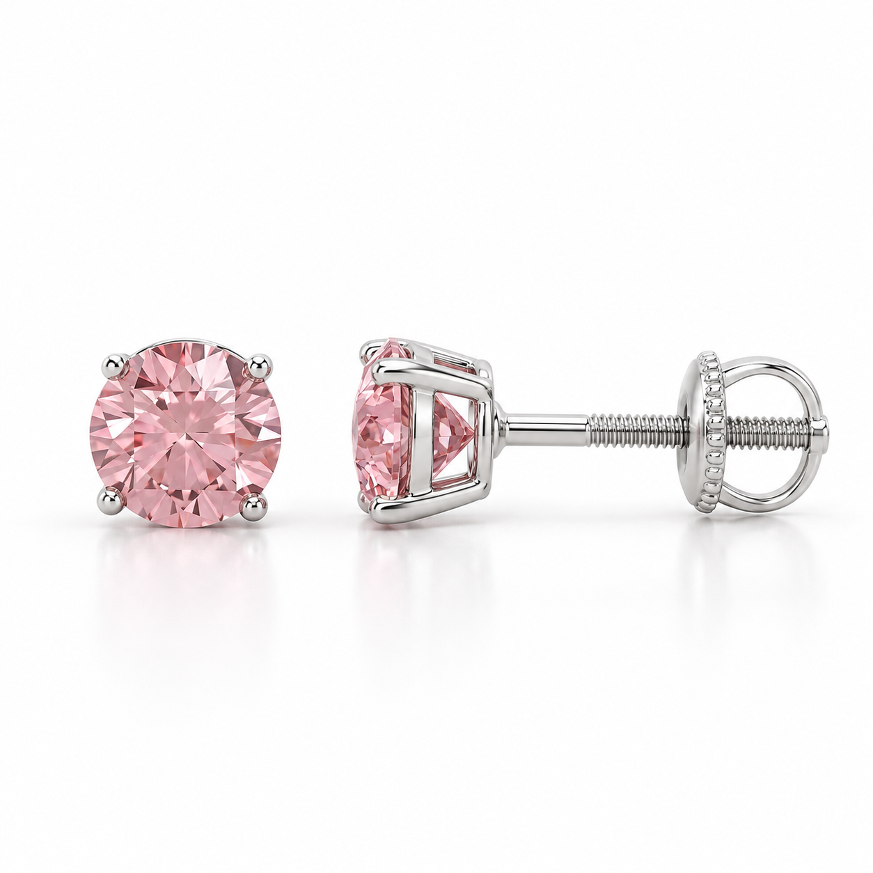 Pink Round Solitaire Stud Earrings in White Gold Tone