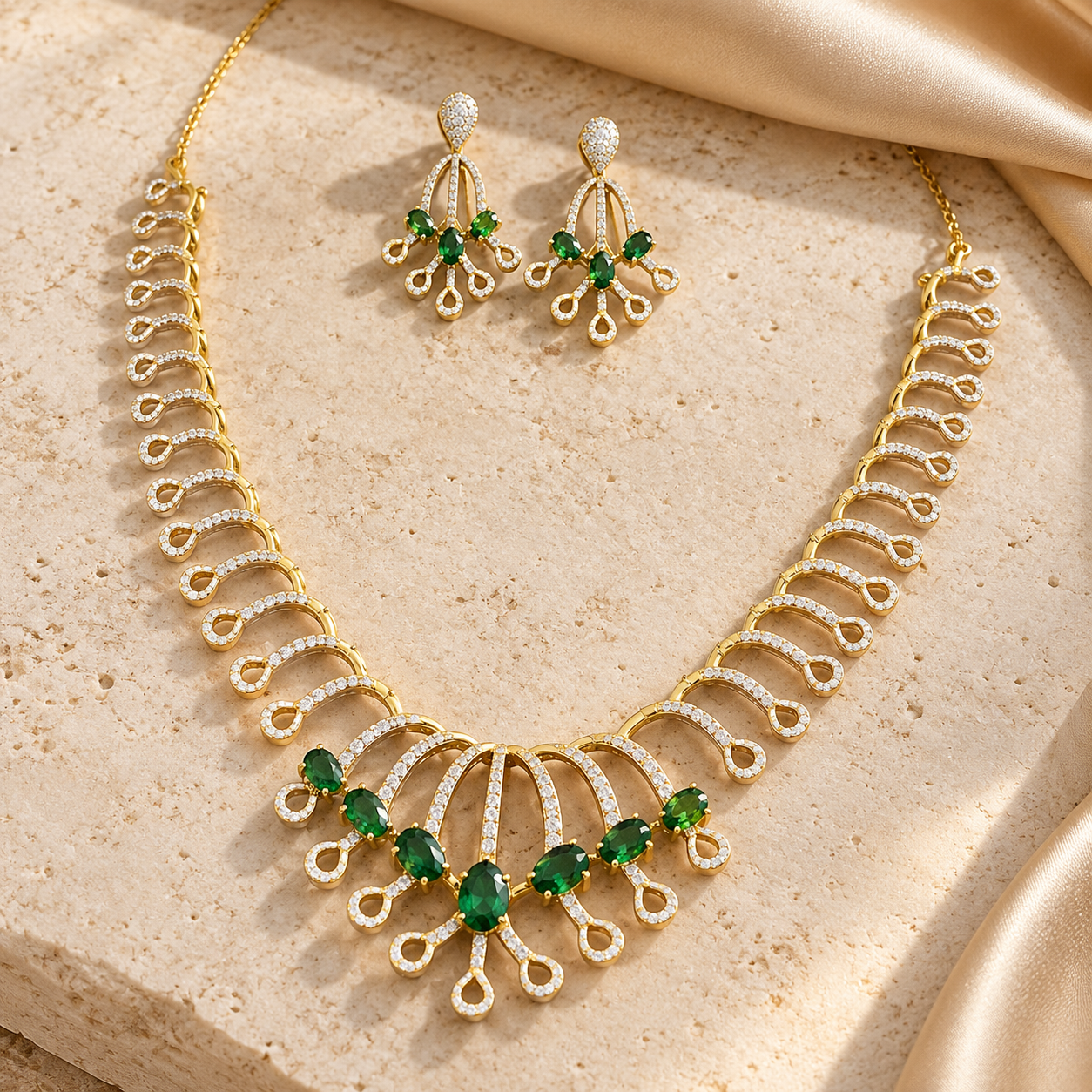 Green Oval Stone and Pavé Teardrop Loop Gold-Tone Necklace and Earrings Set
