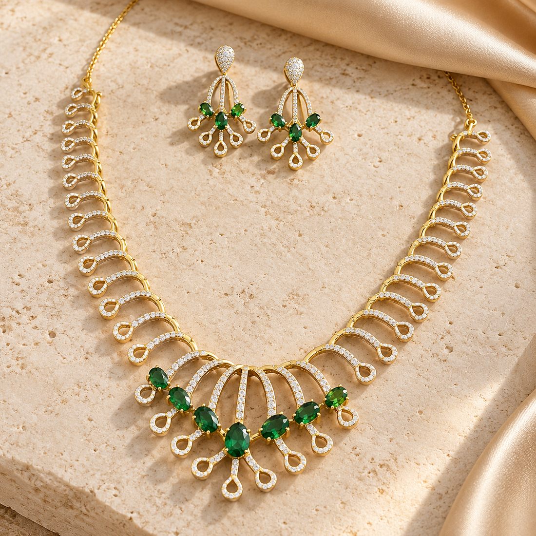 Green Oval Stone and Pavé Teardrop Loop Gold-Tone Necklace and Earrings Set