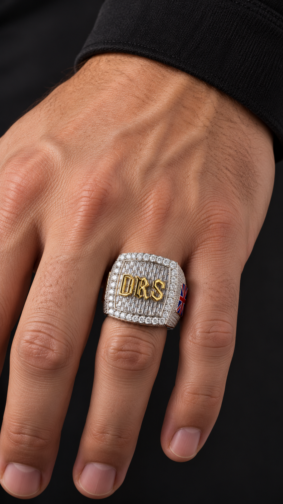 Custom Gothic Initial Baguette Iced Out Two Tone Ring – Flag Detail Hip Hop Jewelry
