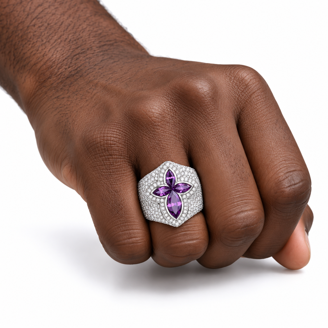 Iced Out Purple Marquise Floral Cross Ring