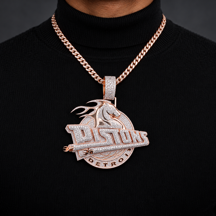 Detroit Pistons Horse Logo Style Iced Out Rose Gold-Tone Pendant – Basketball Hip Hop Jewelry