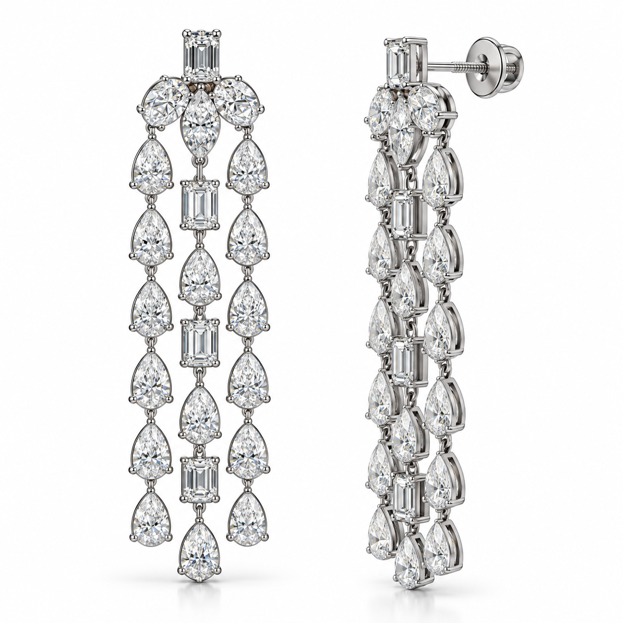 Mixed Cut Three-Strand Chandelier Earrings in White Gold Tone