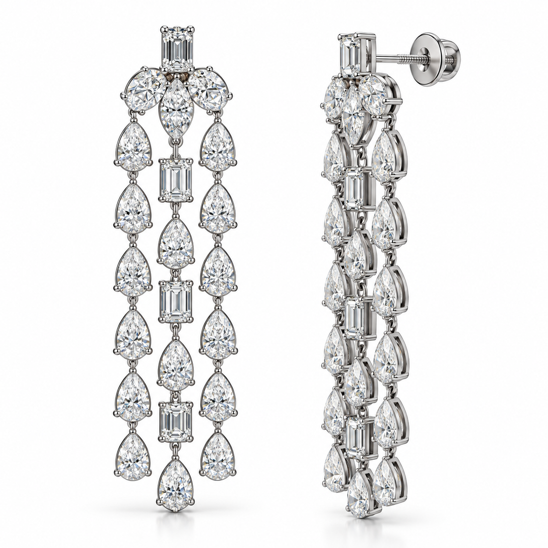 Mixed Cut Three-Strand Chandelier Earrings in White Gold Tone