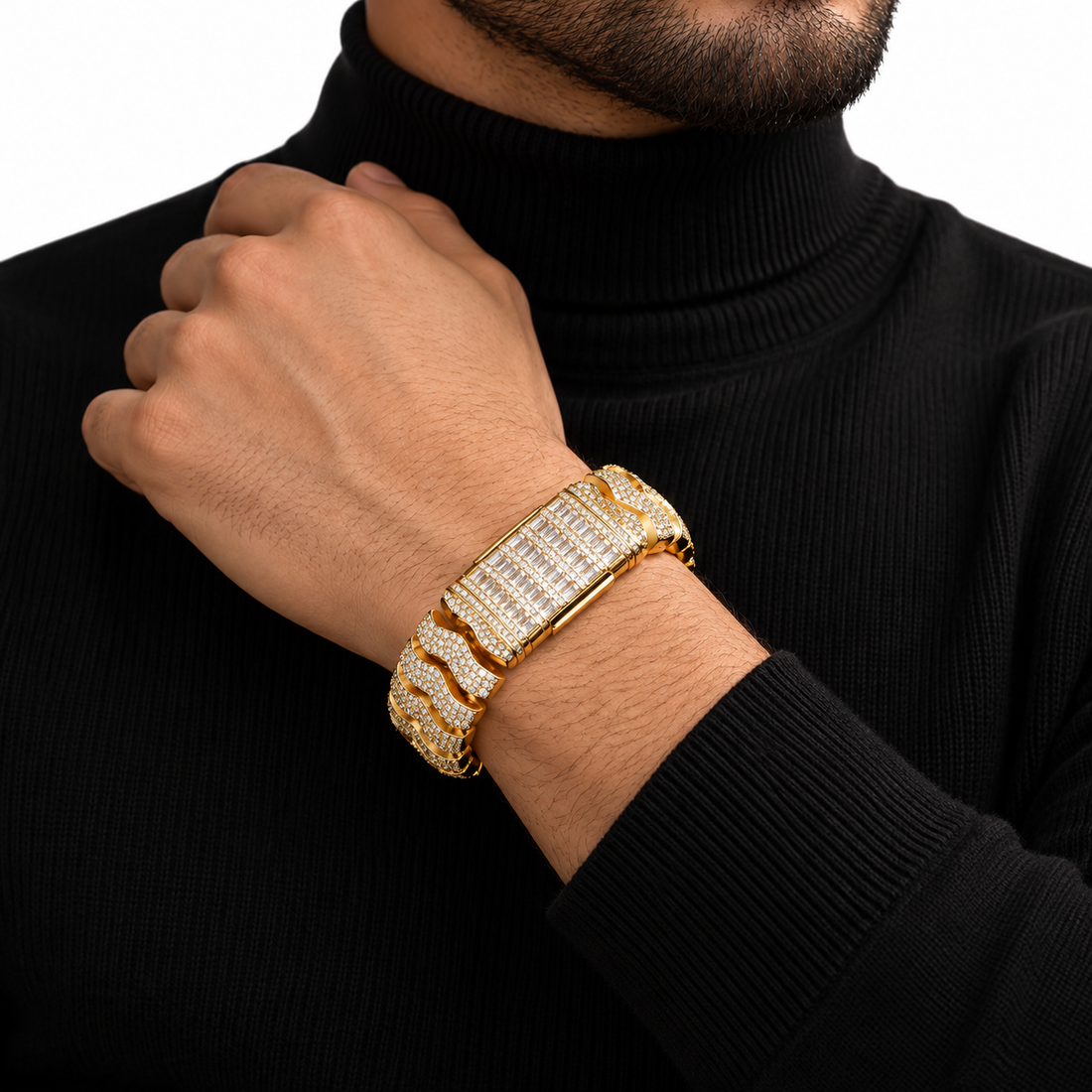 Iced Out Gold Cuban Link Bracelet With Baguette Clasp | Custom Hip Hop Jewelry