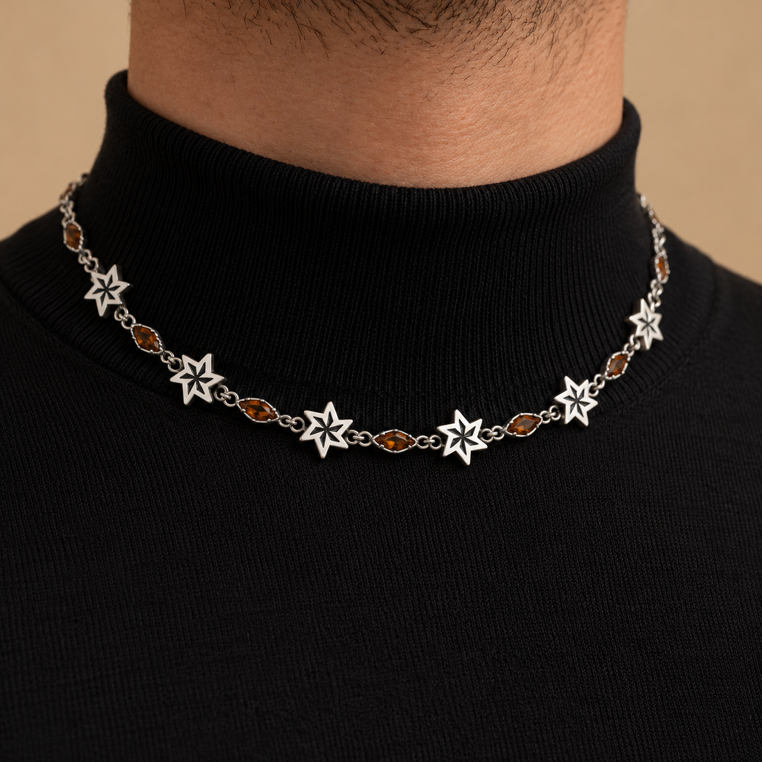 Silver-Tone Starburst Necklace with Brown Marquise-Style Stones
