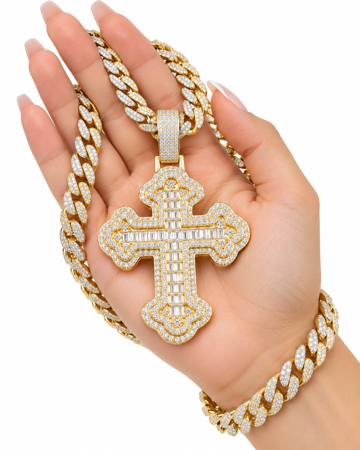 Custom Iced Out Ornate Baguette Cross Pendant | Silver & Gold