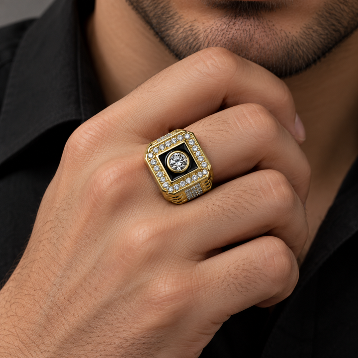 Black Square Round Stone Halo Iced Out Hip Hop Signet Ring