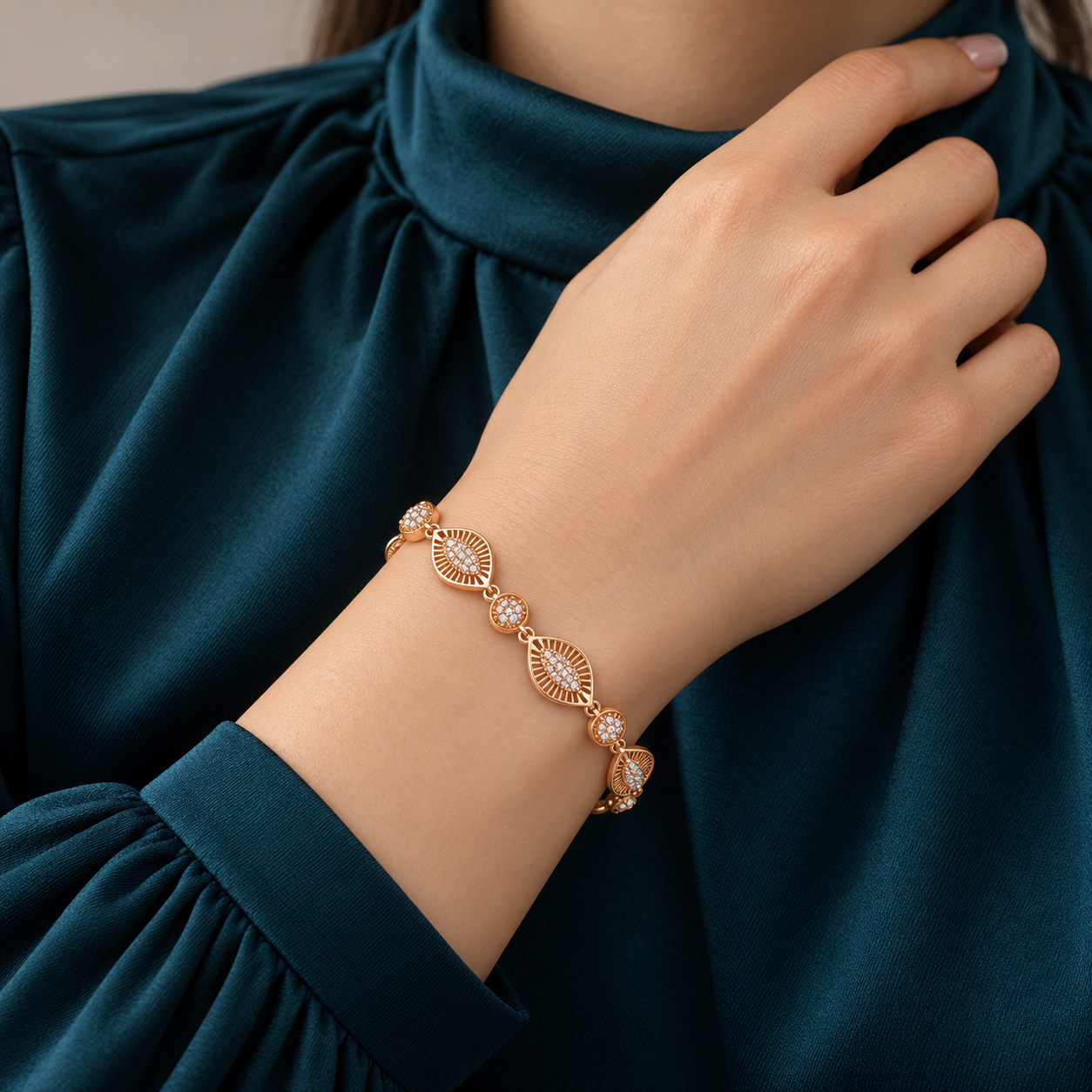 Rose Gold-Tone Openwork Leaf & Round Cluster Link Bracelet