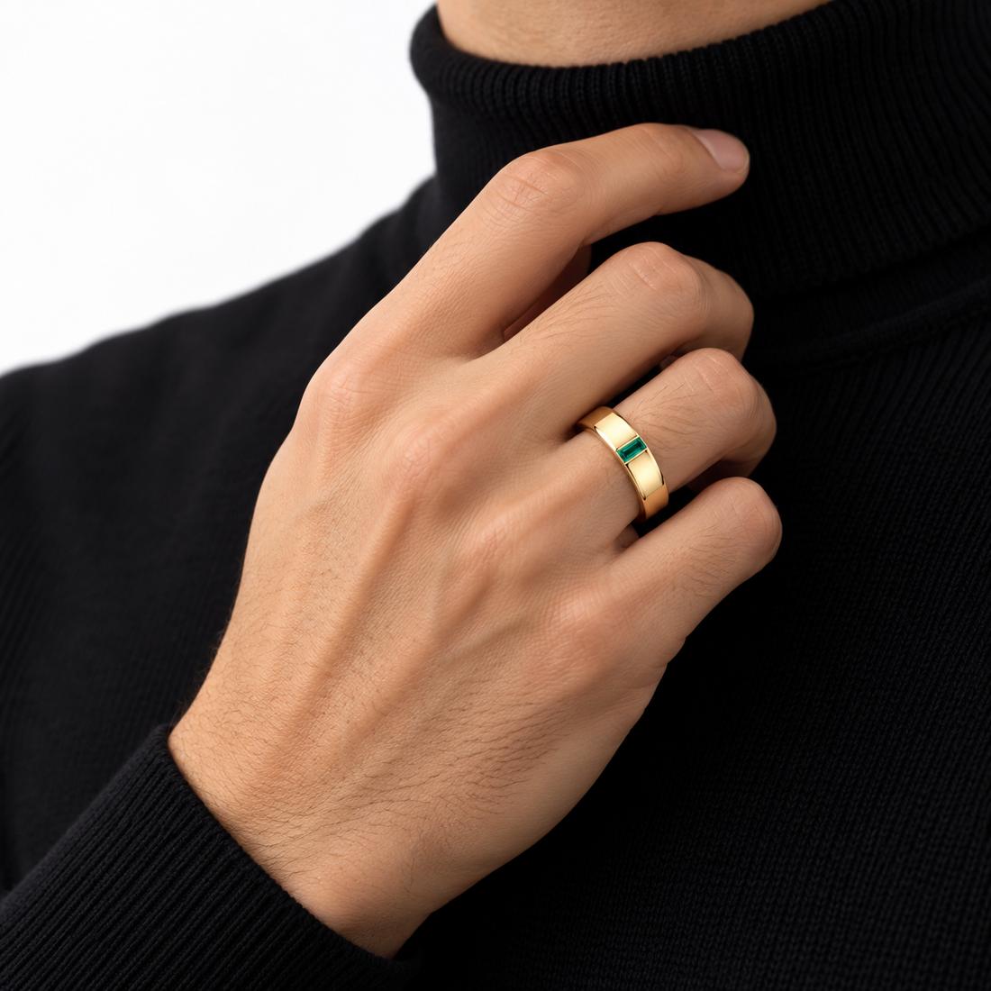 Green Baguette Yellow Gold-Tone Band Ring with Inner Starburst Detail