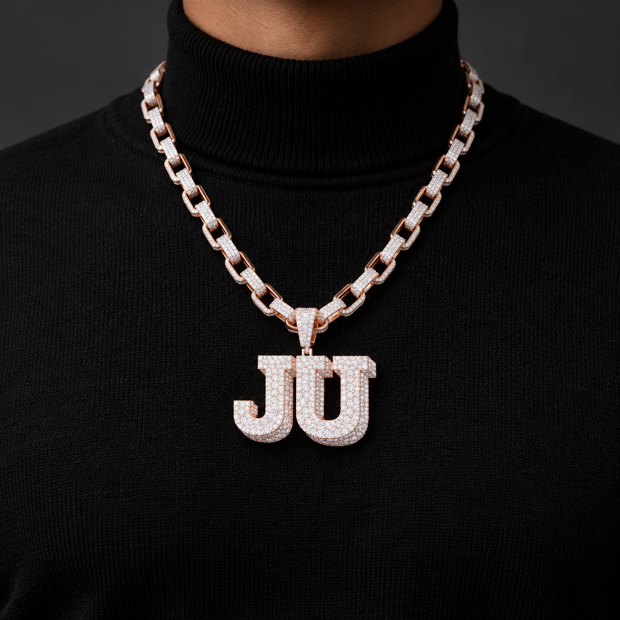 Custom JU Initial Iced Out Rose Gold-Tone Pendant – Personalized Double Letter Hip Hop Jewelry