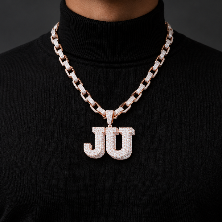 Custom JU Initial Iced Out Rose Gold-Tone Pendant – Personalized Double Letter Hip Hop Jewelry