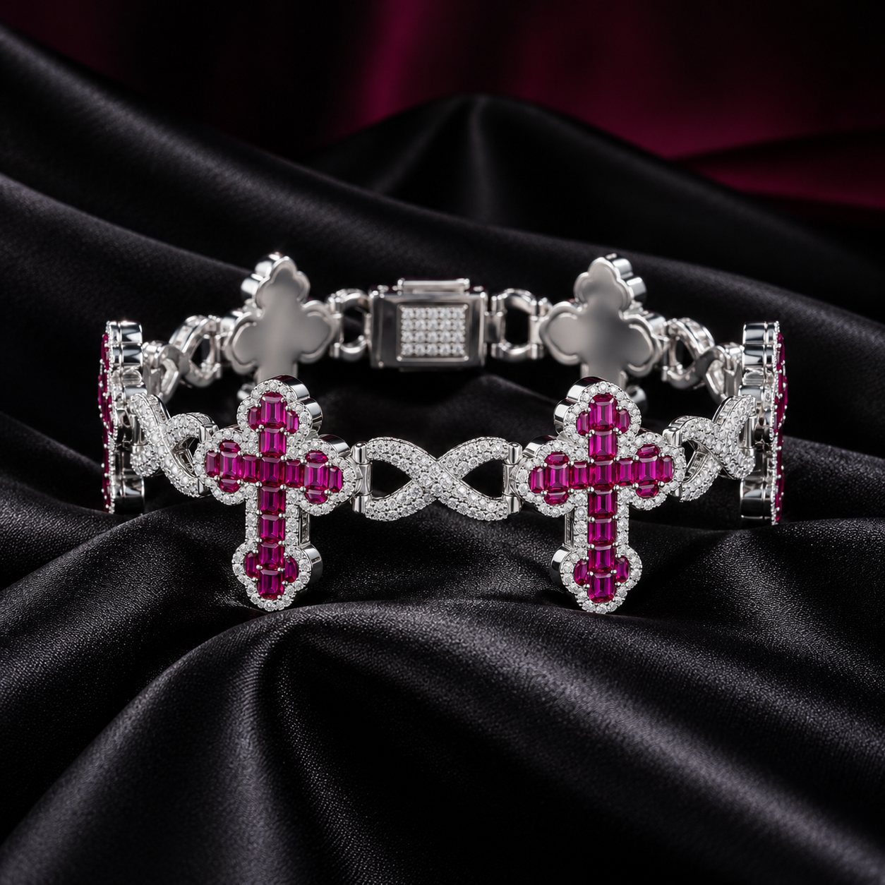 Ruby Pink Cross & Infinity Link White Gold-Tone Bracelet – Custom Iced Out Jewelry