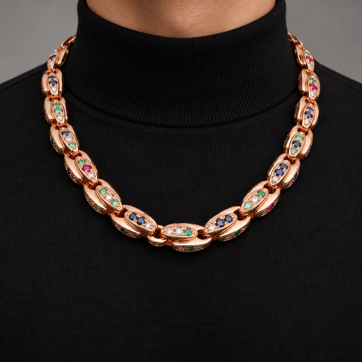 Men’s Multicolor Stone Sculpted Leaf Link Necklace