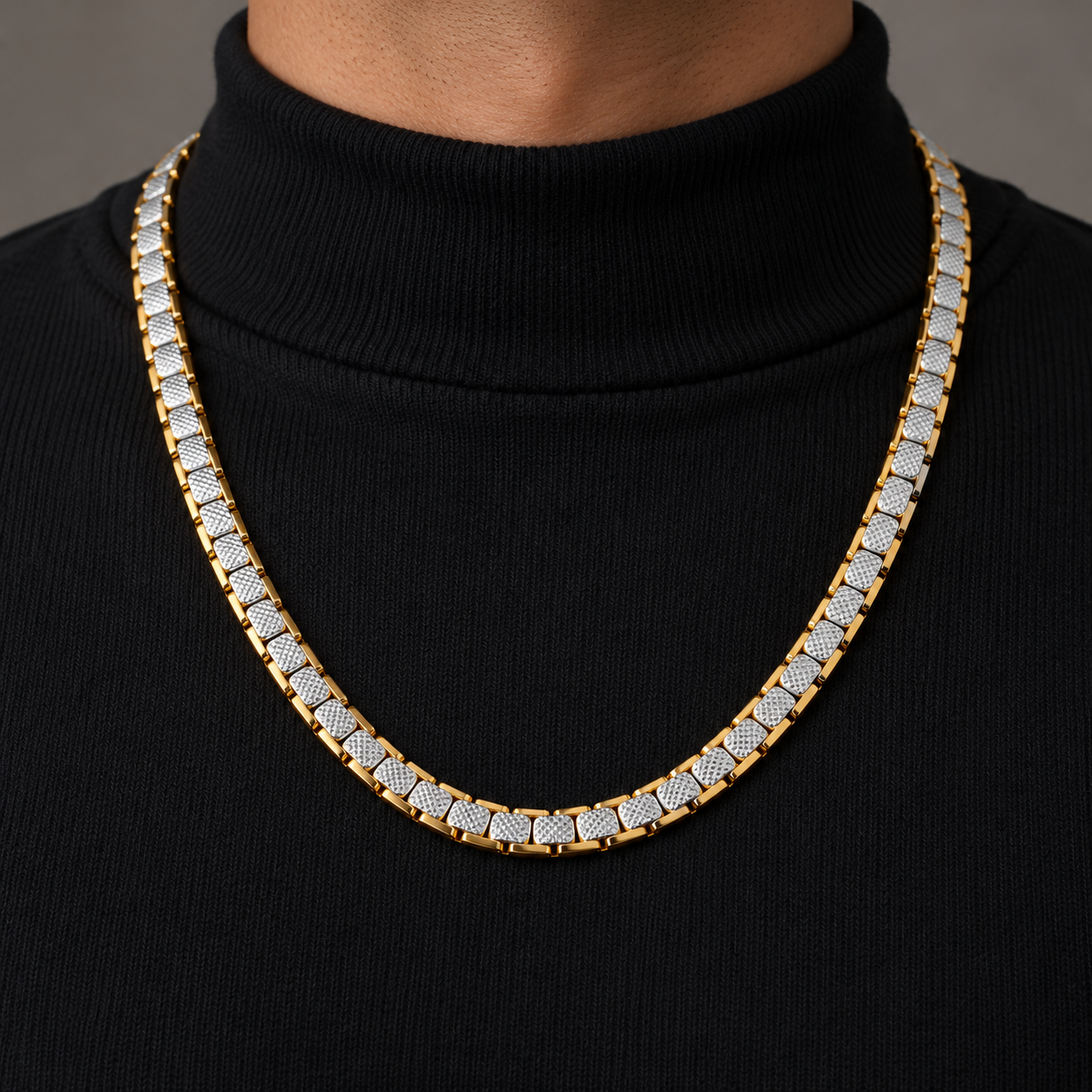 Men’s Two-Tone Textured Square Link Chain Necklace