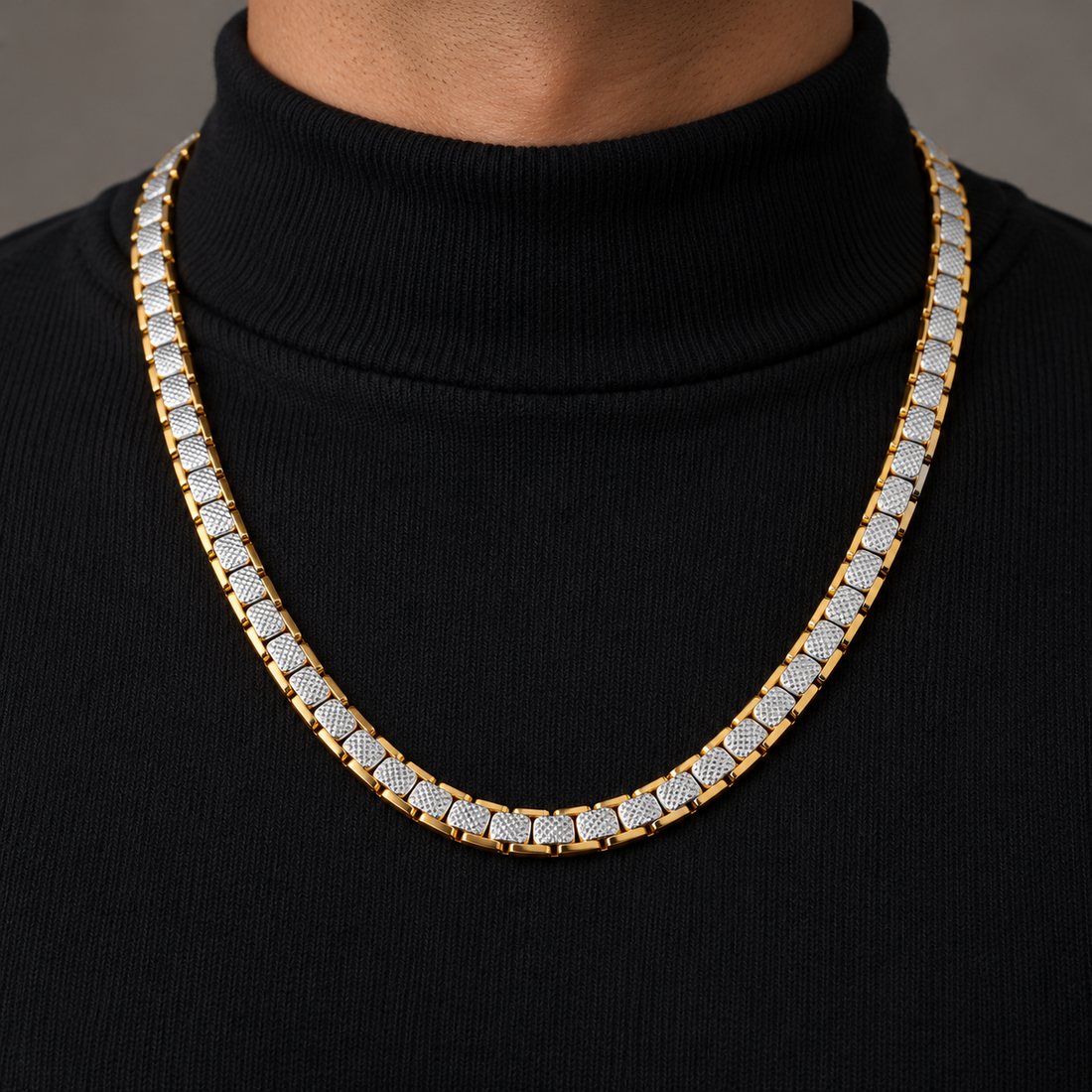 Men’s Two-Tone Textured Square Link Chain Necklace