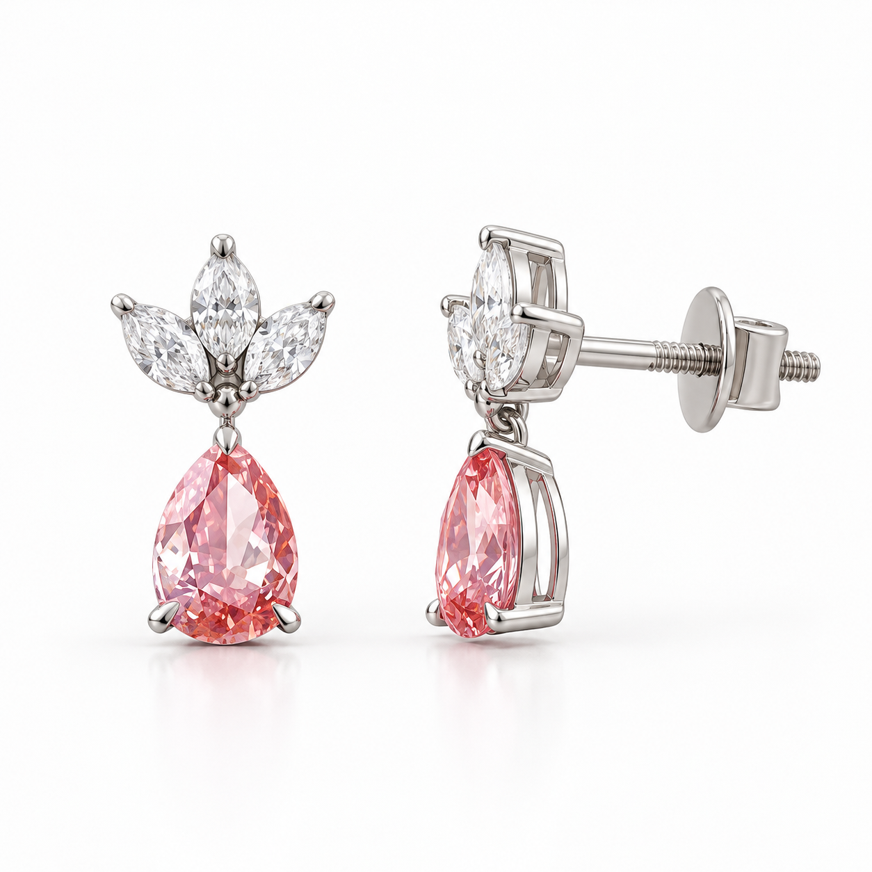 Pink Pear Drop Earrings with Marquise Leaf Cluster