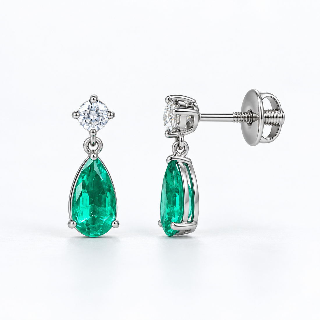 Green Pear & Round Clear Stone Drop Earrings with Screw Backs