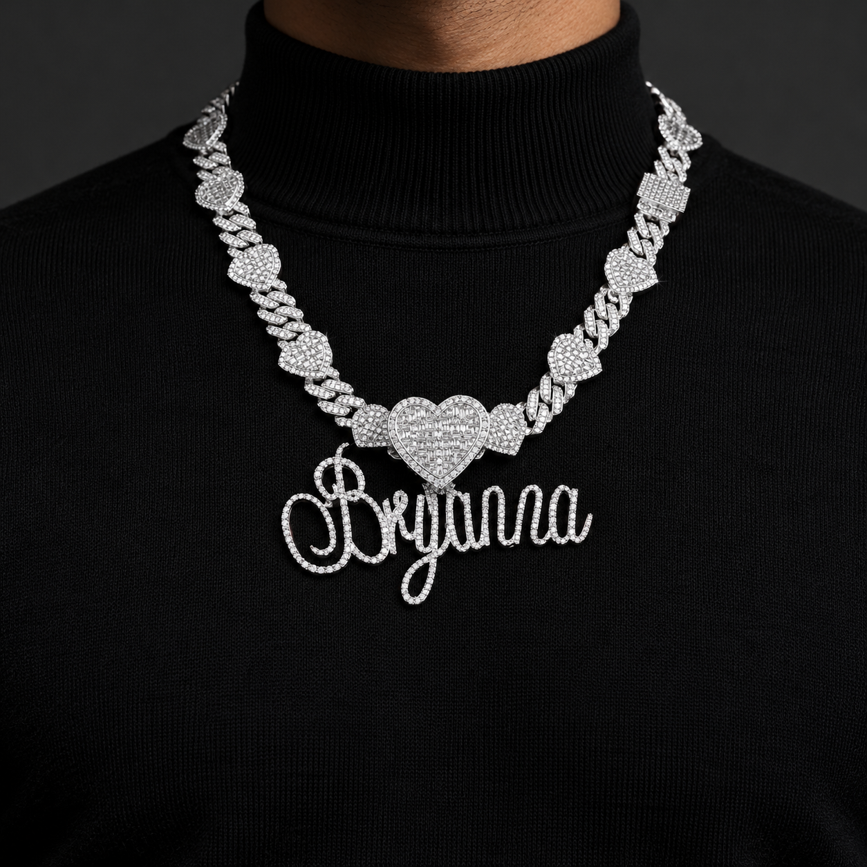 Custom Script Name & Heart Cuban Link Necklace – White Gold-Tone Iced Out Jewelry