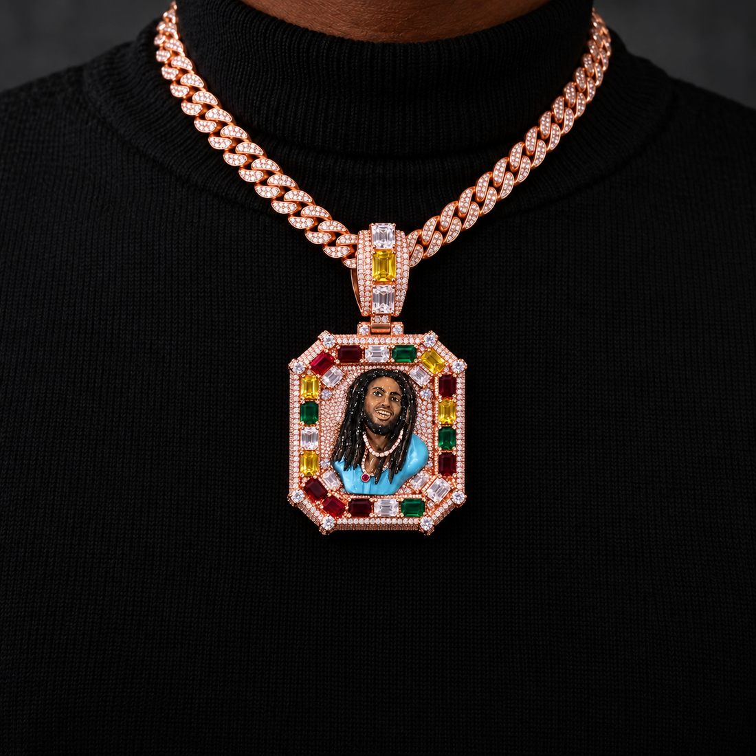 Multicolor Portrait Iced Out Rose Gold-Tone Pendant – Custom Hip Hop Statement Jewelry