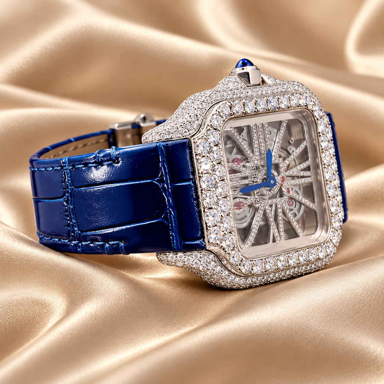 Iced Out Square Skeleton Dial Watch with Blue Strap – Custom Diamond Statement Watch