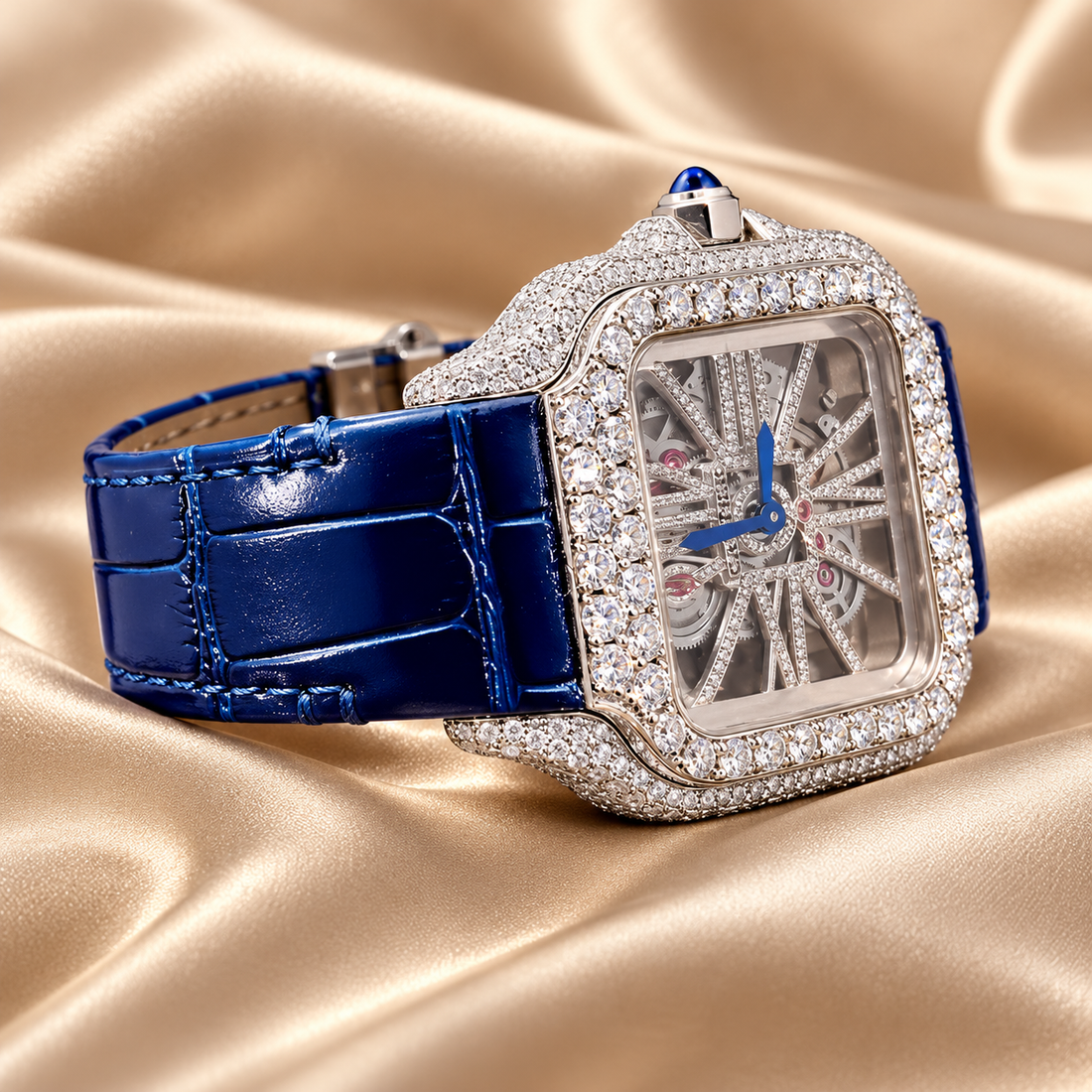 Iced Out Square Skeleton Dial Watch with Blue Strap – Custom Diamond Statement Watch