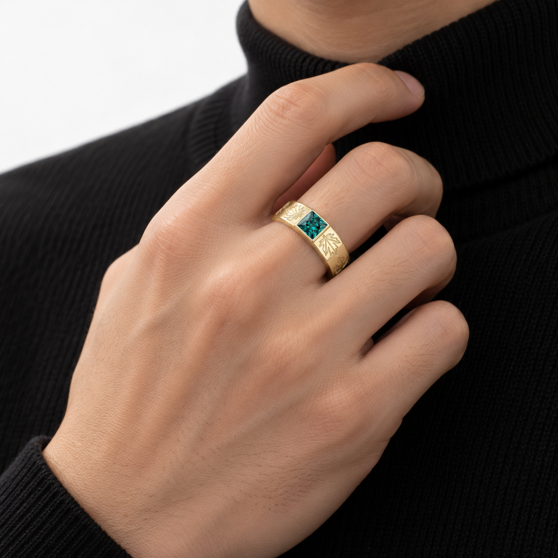 Green Princess Cut Yellow Gold-Tone Band Ring with Maple Leaf Engravings
