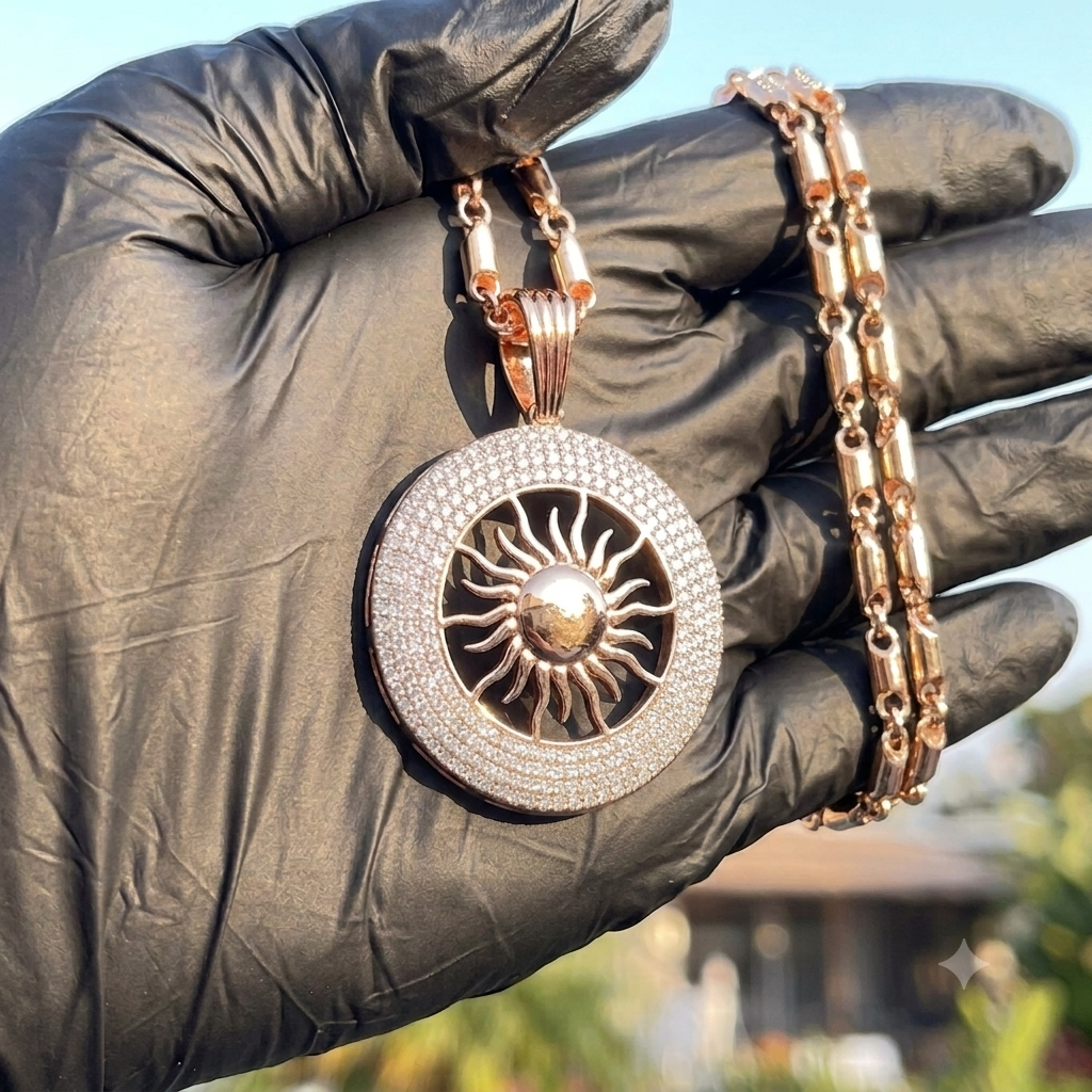 Gold Sun Medallion Diamond Celestial Necklace for Men