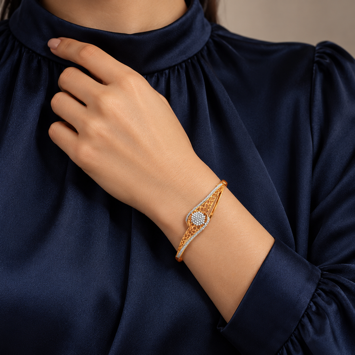 Yellow Gold-Tone Floral Filigree Swirl Bangle Bracelet