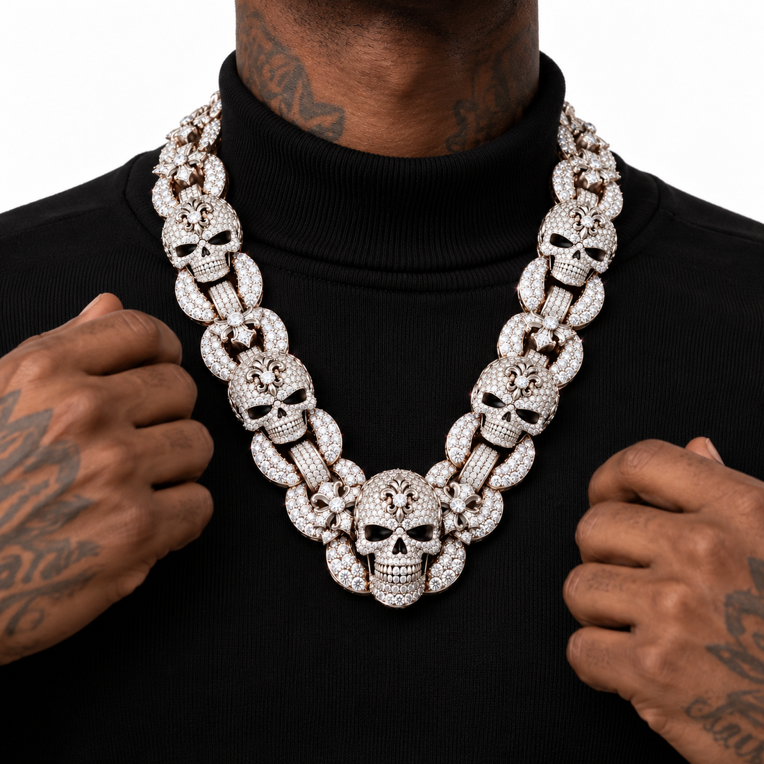 Iced Out Skull & Fleur-de-Lis Link Necklace | Custom Hip Hop Jewelry