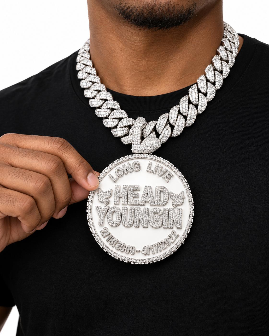 Custom Iced Out Memorial Name & Date Pendant with Swan Bail