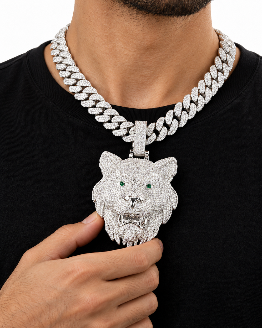 Custom Iced Out Lion Head Pendant with Green Eyes | Made to Order