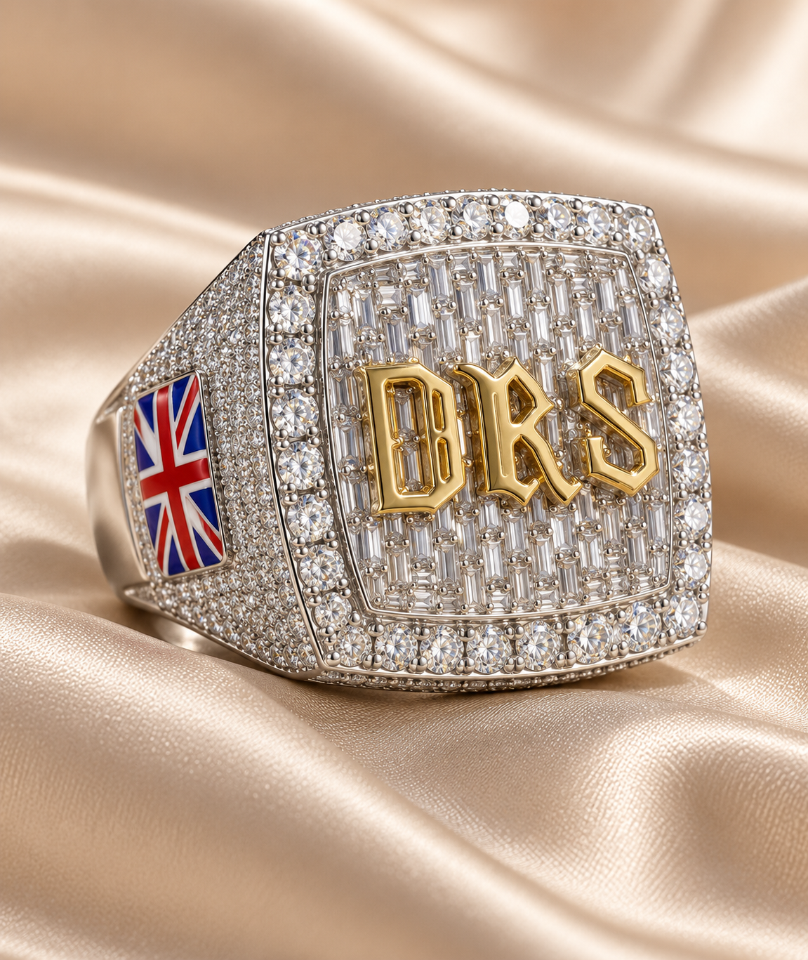 Custom Gothic Initial Baguette Iced Out Two Tone Ring – Flag Detail Hip Hop Jewelry