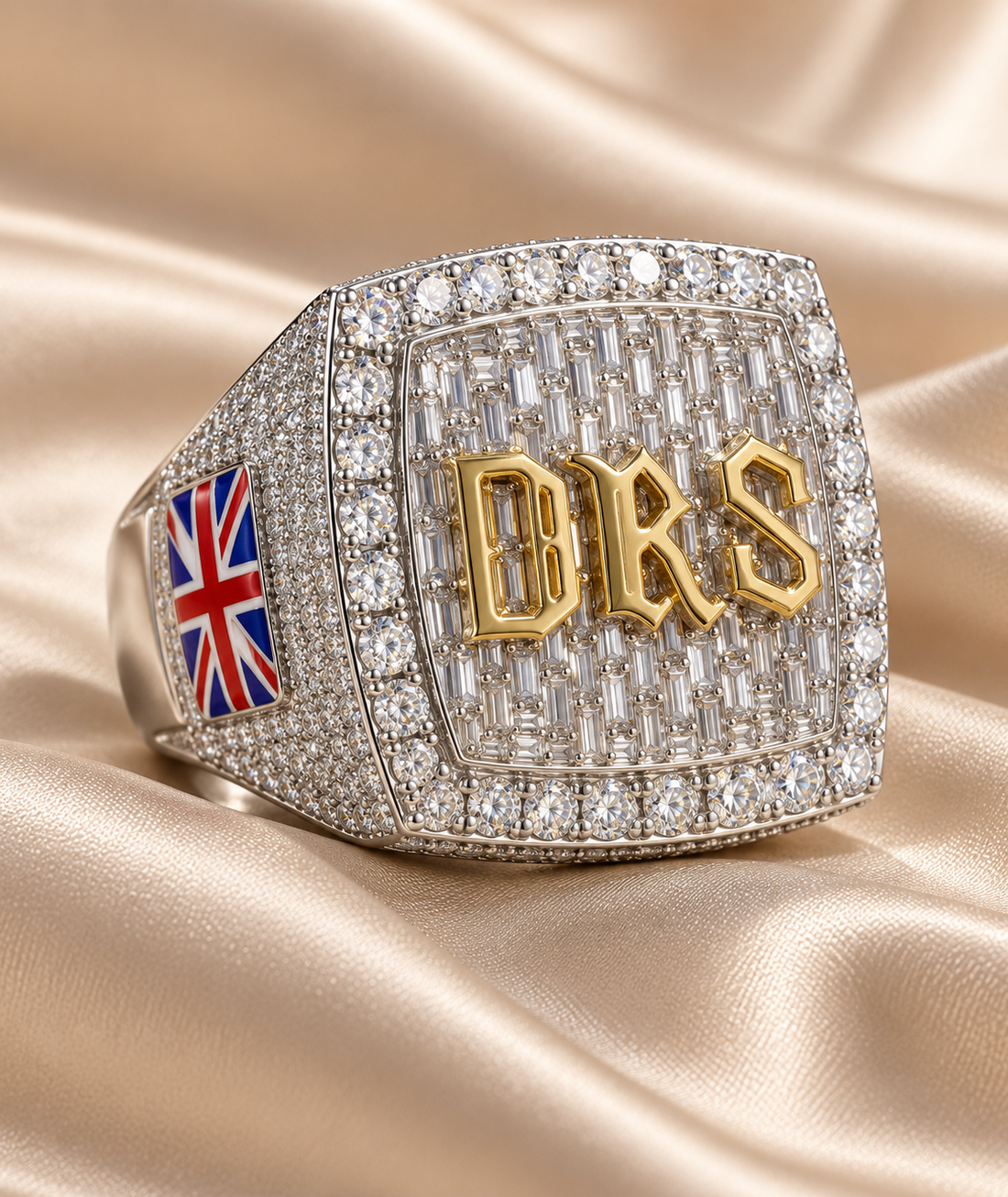 Custom Gothic Initial Baguette Iced Out Two Tone Ring – Flag Detail Hip Hop Jewelry