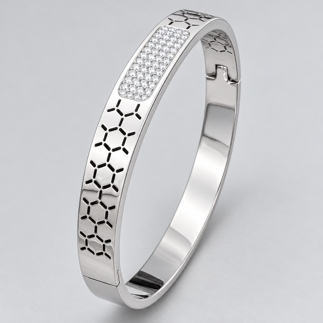 Rose Gold-Tone Honeycomb Cutout Bangle with Pavé Center Panel