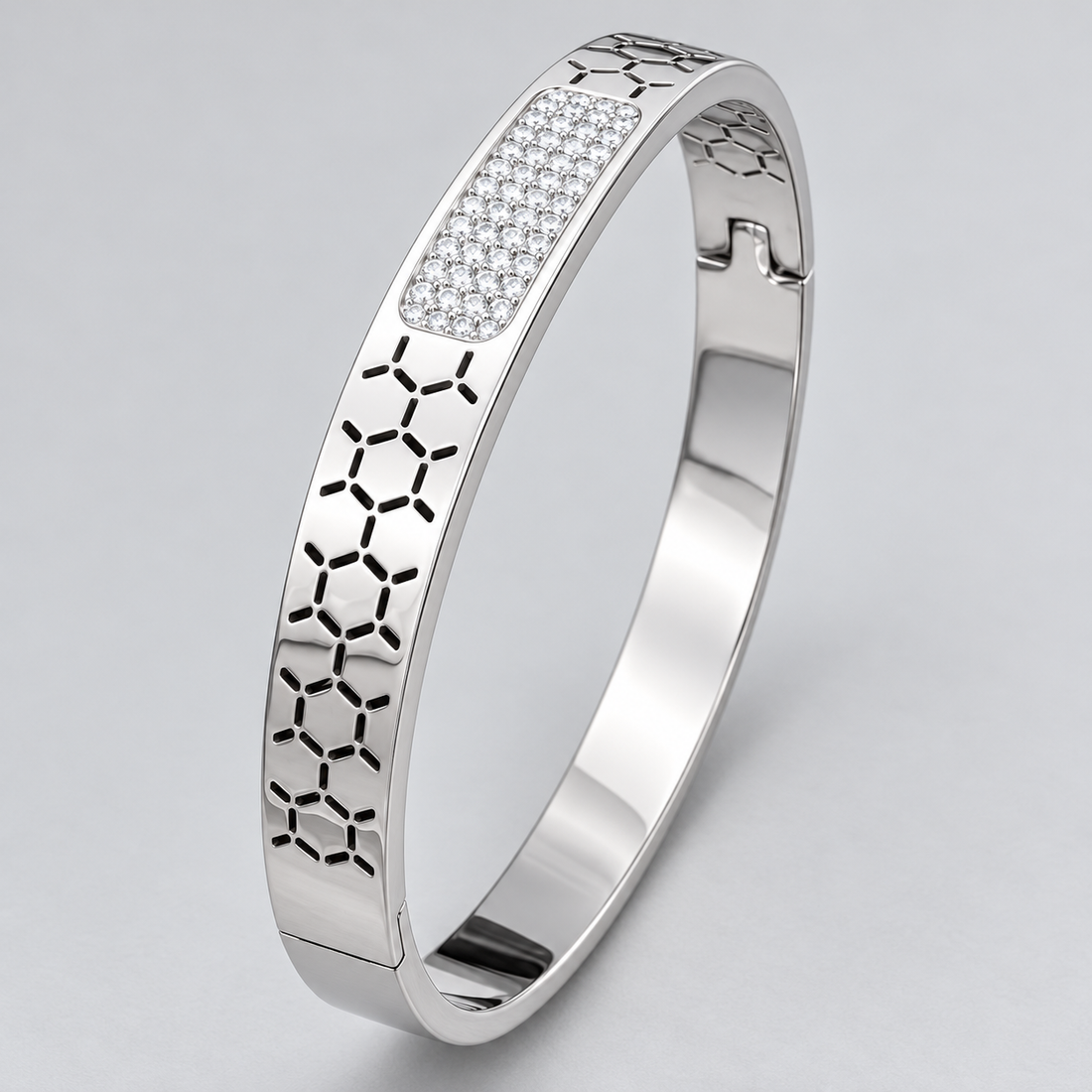 Rose Gold-Tone Honeycomb Cutout Bangle with Pavé Center Panel