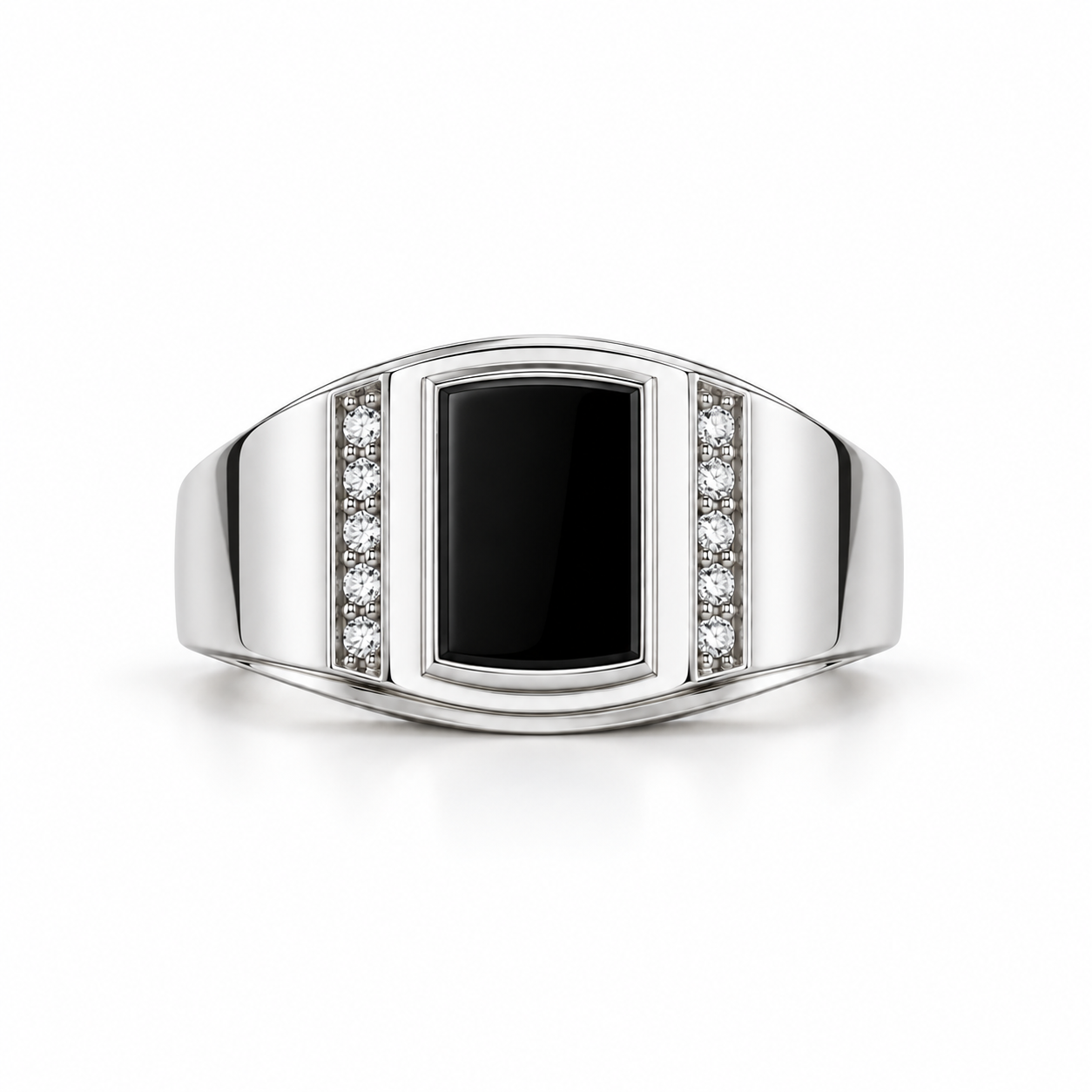 Rectangular Black Panel Yellow Gold-Tone Signet Ring with Round Stone Accents