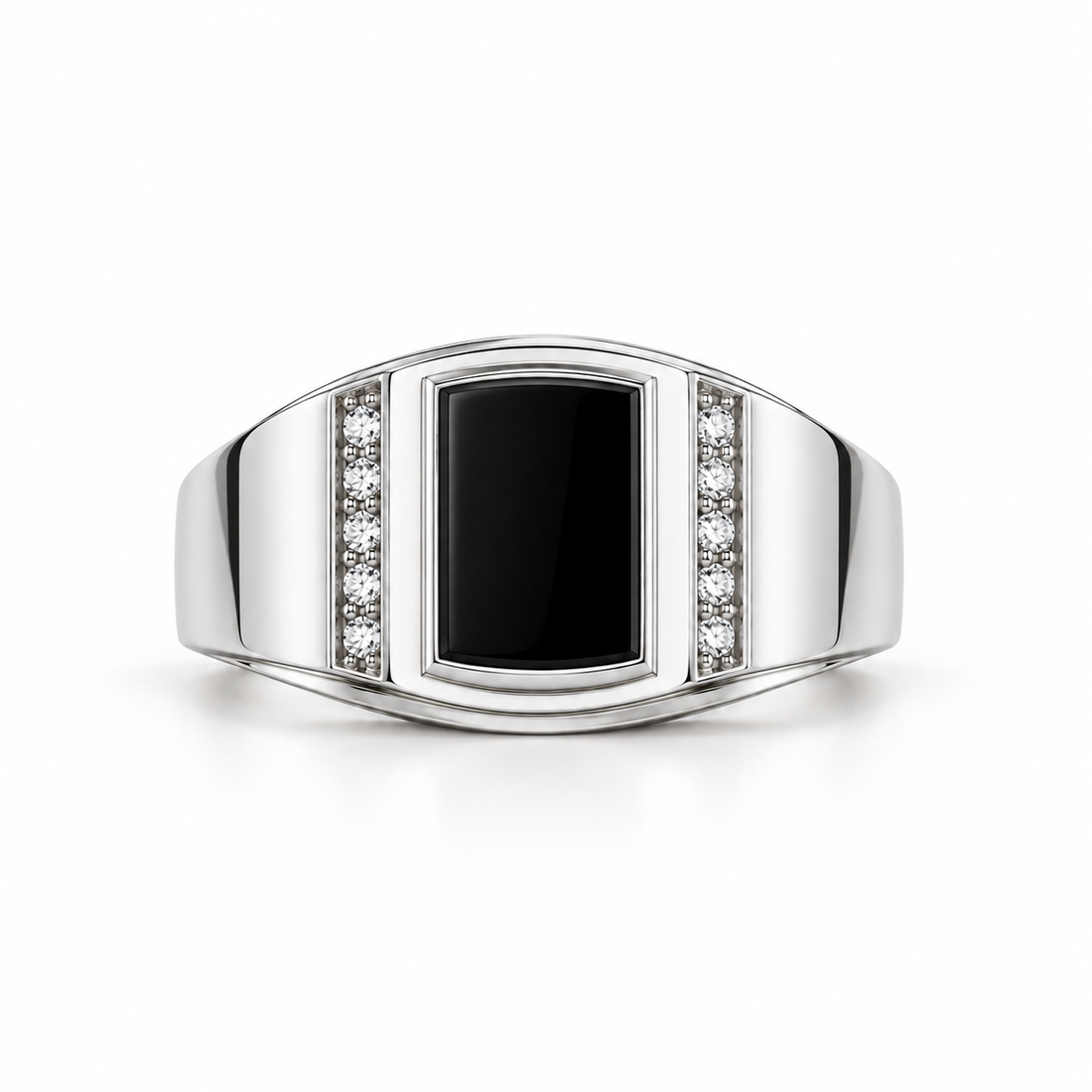 Rectangular Black Panel Yellow Gold-Tone Signet Ring with Round Stone Accents