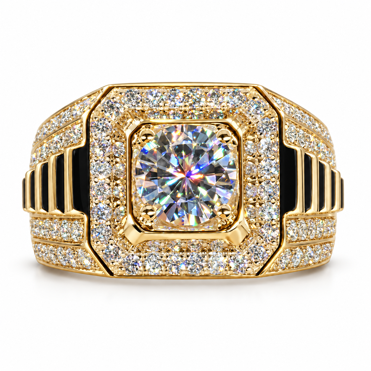 Round Center Octagonal Halo White Metal Ring with Ribbed Shoulders