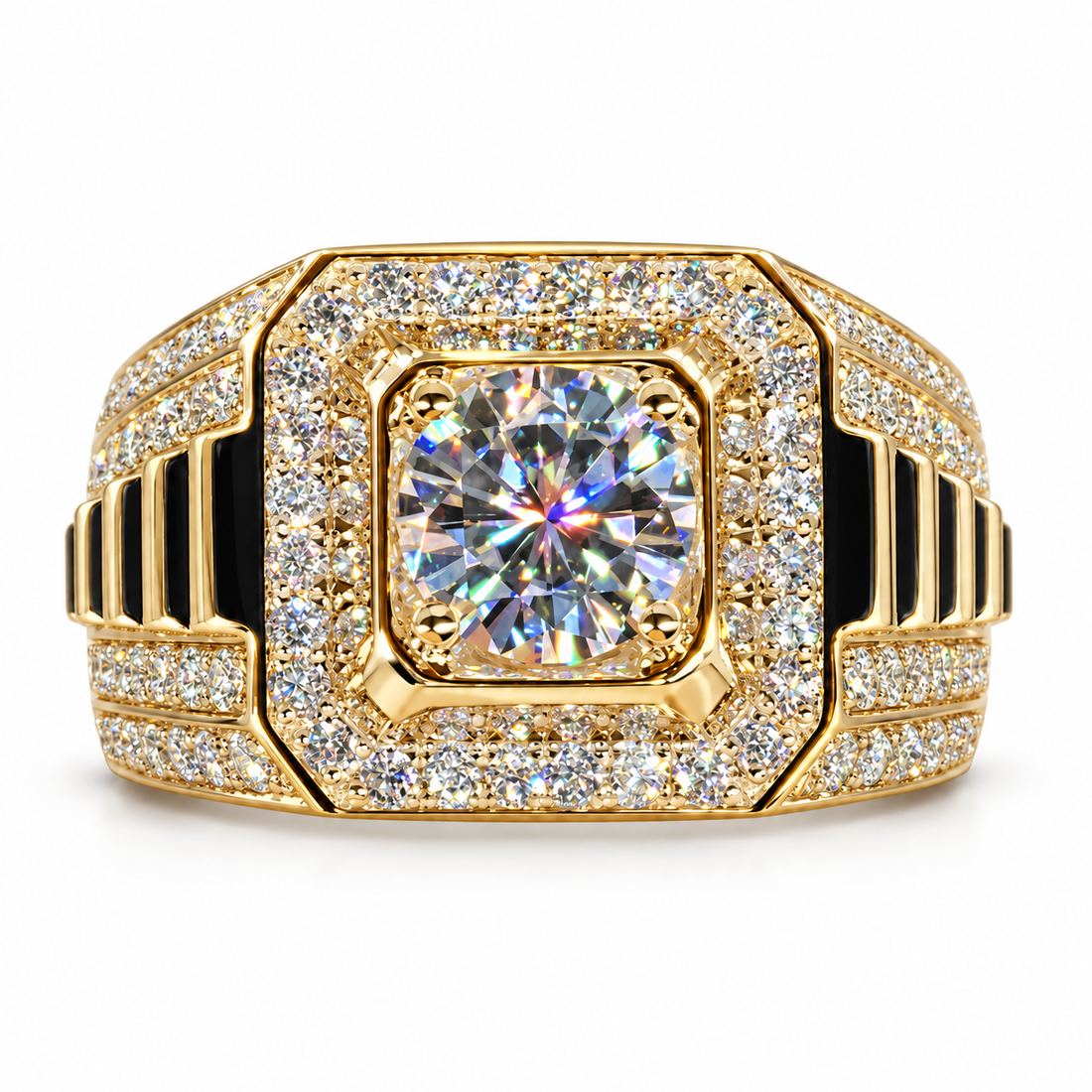 Round Center Octagonal Halo White Metal Ring with Ribbed Shoulders
