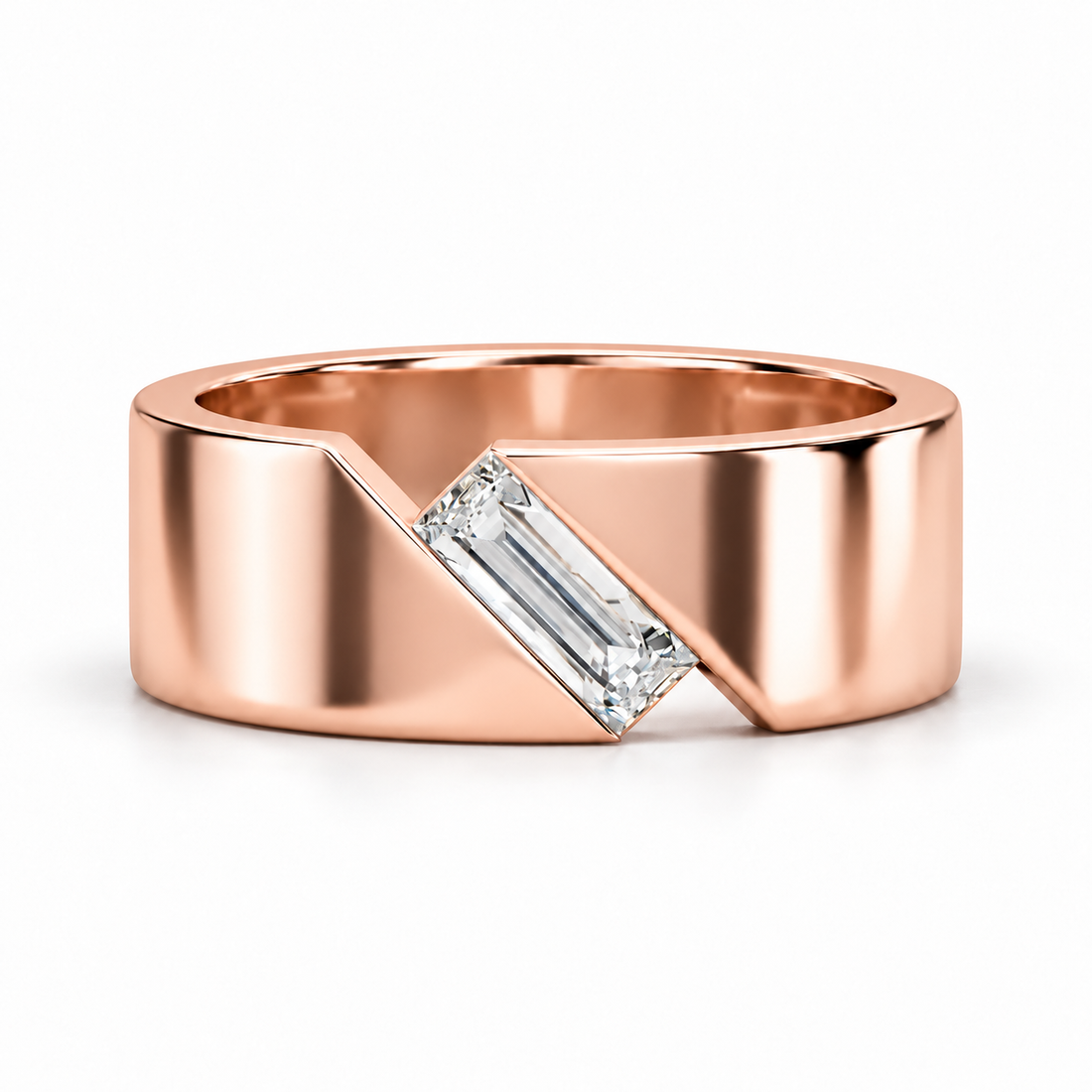 Diagonal Baguette Solitaire White Metal Wide Band Ring