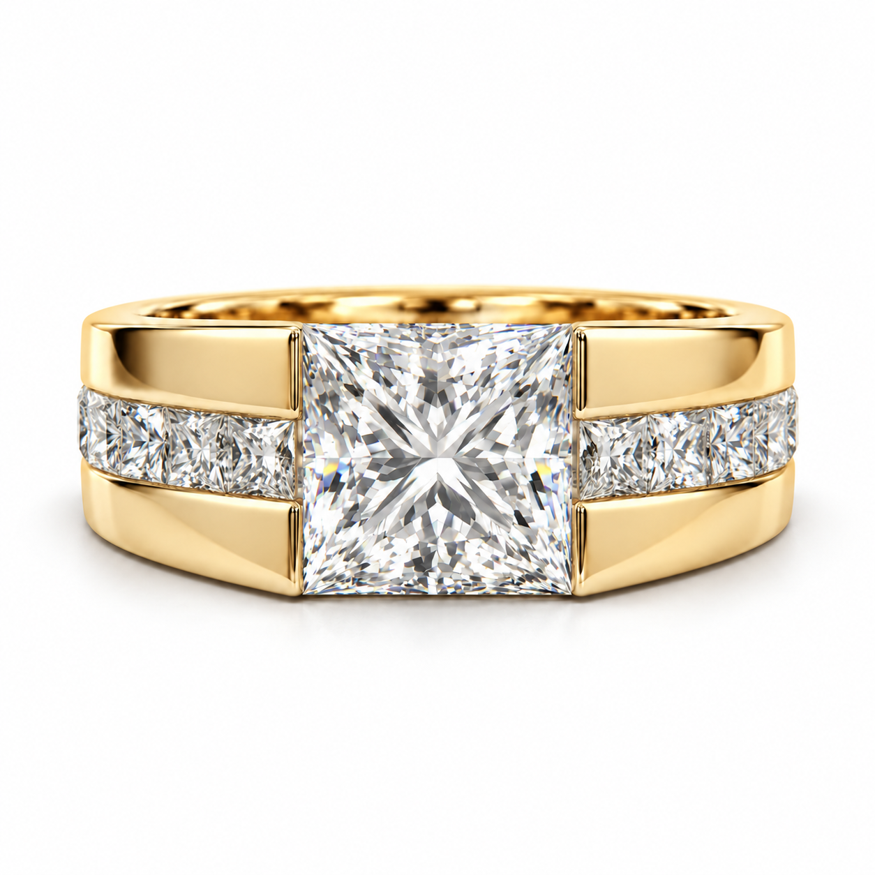 Princess Cut Center Stone White Metal Ring with Channel Set Shoulders