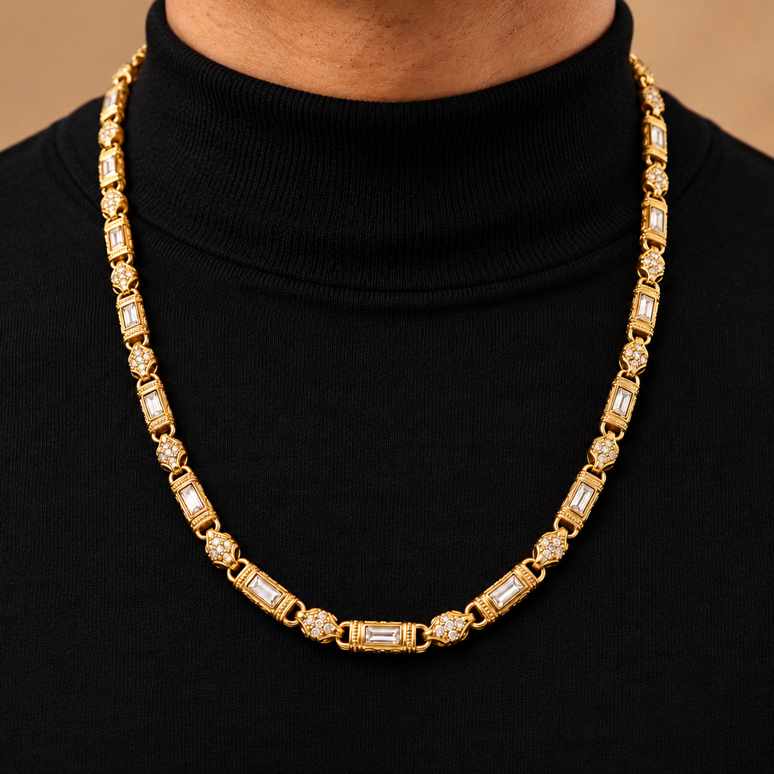 Gold-Tone Baguette-Style Floral Pavé Link Statement Necklace