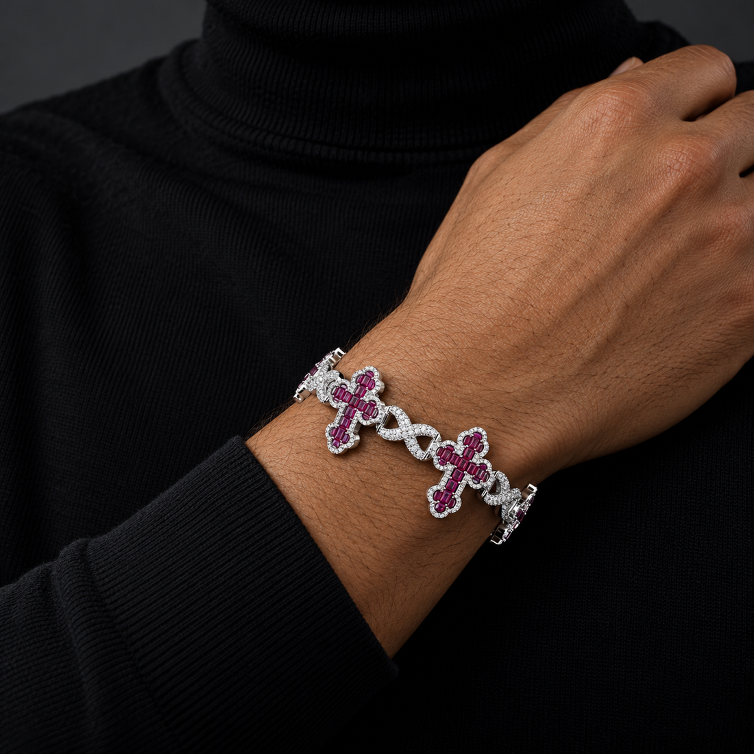 Ruby Pink Cross & Infinity Link White Gold-Tone Bracelet – Custom Iced Out Jewelry