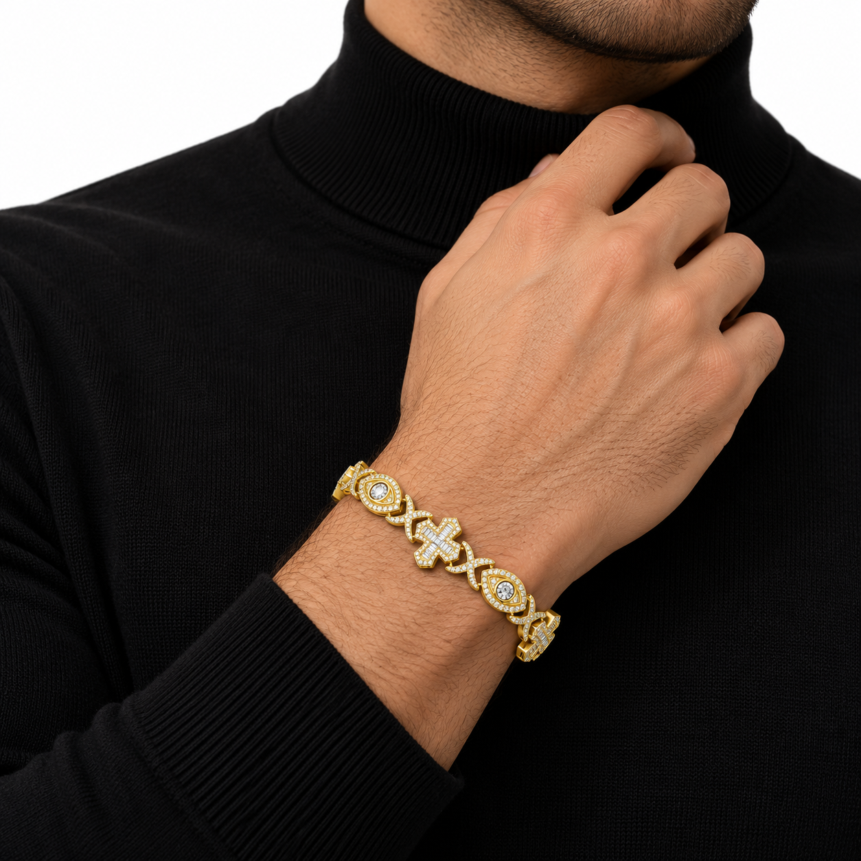 Iced Out Evil Eye & Cross Link Bracelet | Custom Hip Hop Jewelry