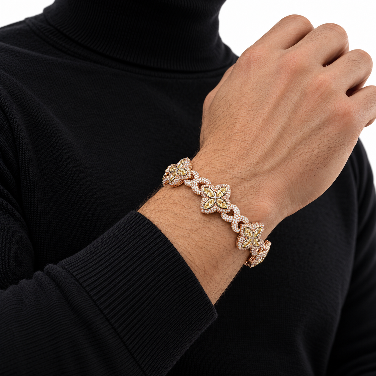 Iced Out Yellow Four Petal Flower Bracelet | Rose Gold Hip Hop Jewelry