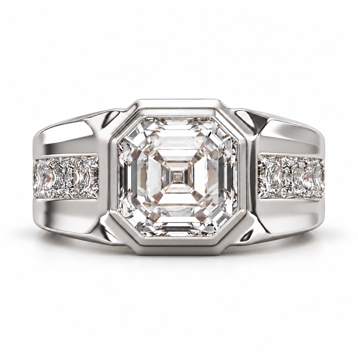 Asscher-Style Step Cut Yellow Gold-Tone Ring with Square Stone Shoulders