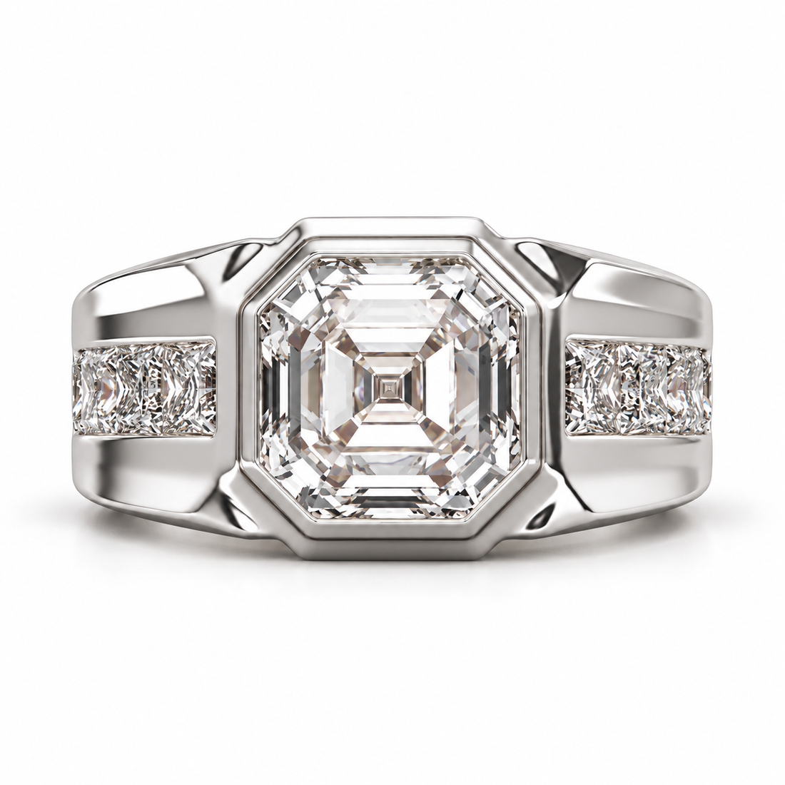 Asscher-Style Step Cut Yellow Gold-Tone Ring with Square Stone Shoulders