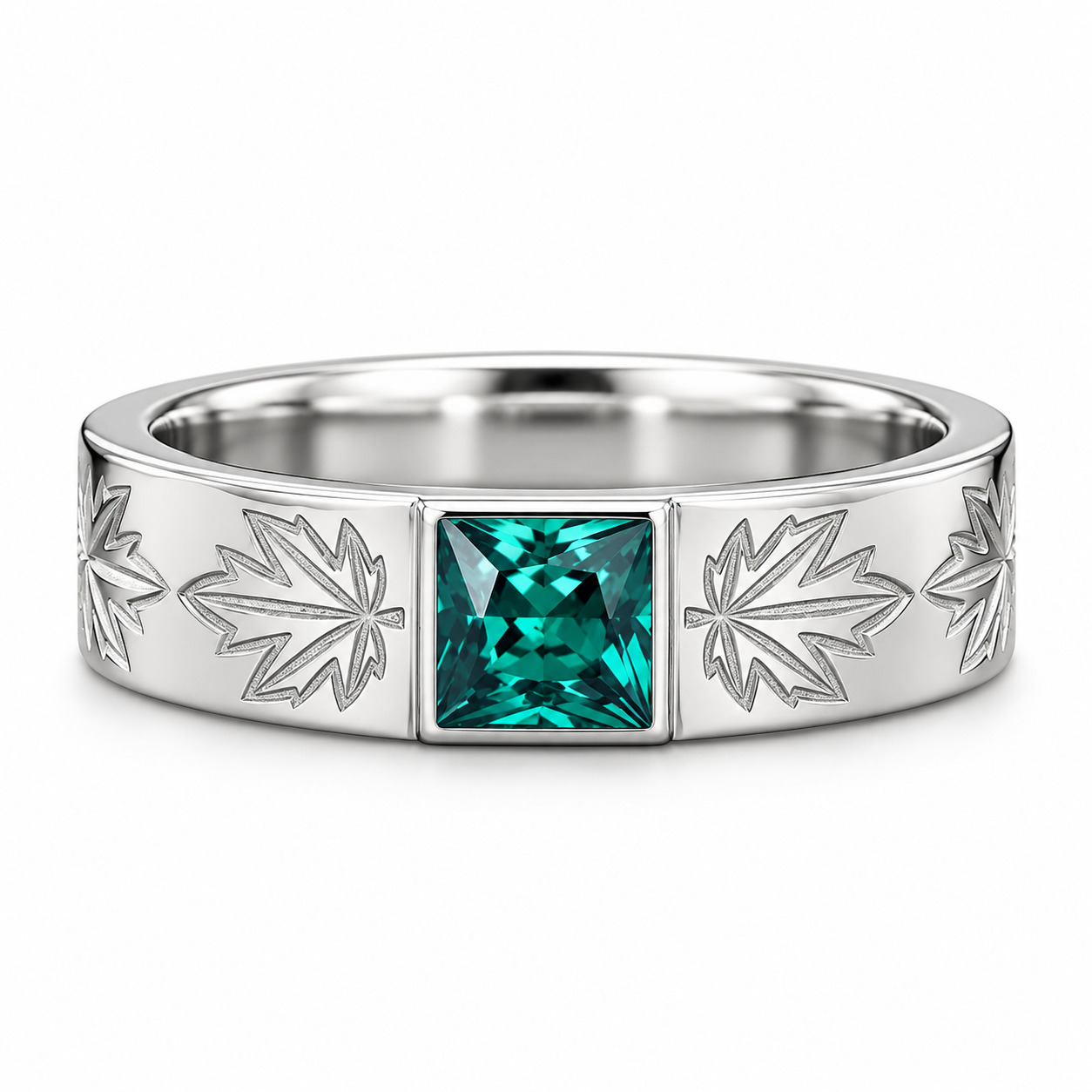 Green Princess Cut Yellow Gold-Tone Band Ring with Maple Leaf Engravings